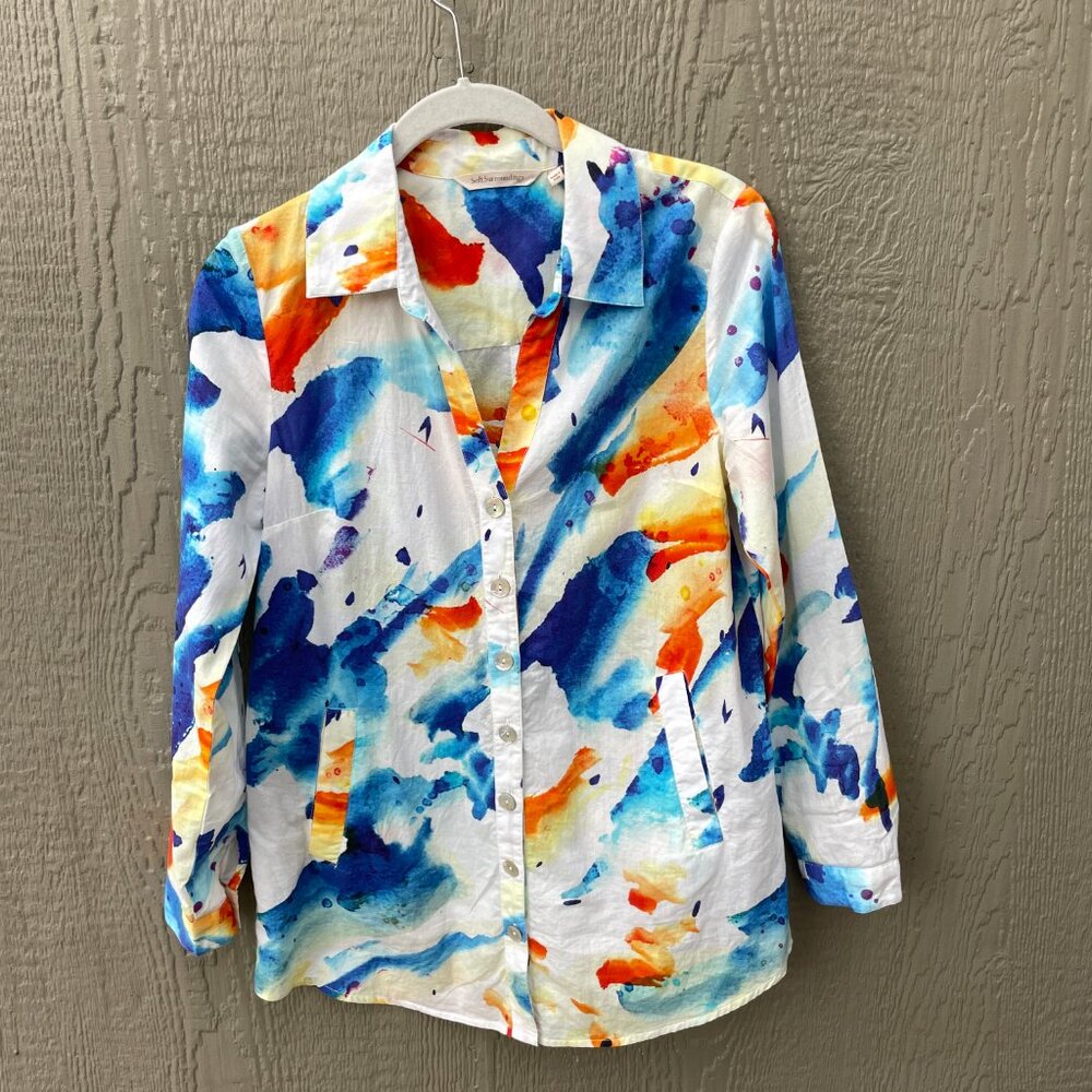 Soft Surroundings XS Watercolor Blouse Cotton Collared Button Down Pockets